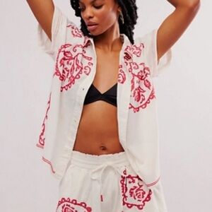 Free People White Red Embroidered Button Shirt Short Summer Love set large